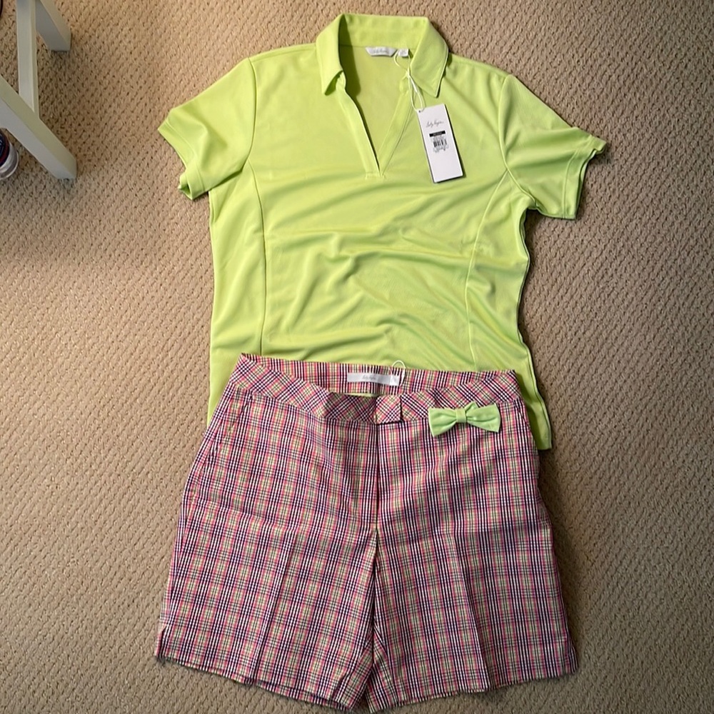 Lady Hagen “Refresh” golf set - lime green polo and matching plaid shorts. NWT.
